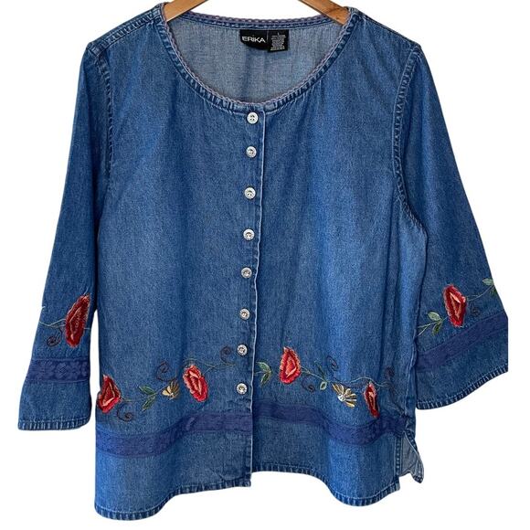 Erika Floral Embroidered Cottagecore 100% Cotton Chambray Button Up Blouse Large - Picture 1 of 9